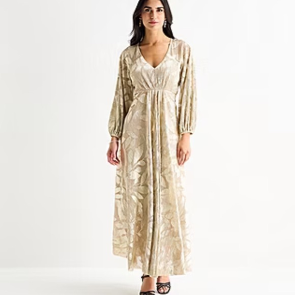 sam & jess Dresses & Skirts - Sam & Jess Gold/ Champagne Leaf Pattern Evening Gown/Maxi Dress Sz XS NWT